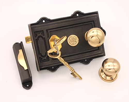 Infinity Decor Period Brass Door Knobs Set with Antique Cast Iron/Brass Davenport Door Rim Lock (Cottage Small)