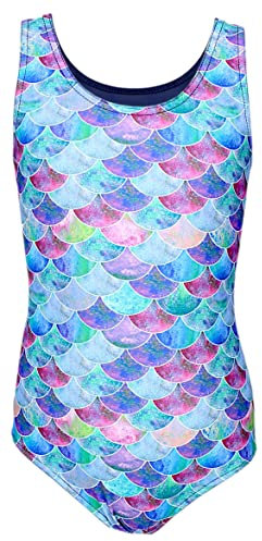 Aquarti Badeanzug Mädchen – Sportlicher Mädchen Badeanzug mit Ringerrücken Print, Farbe: Meerjungfrau Lila/Dunkelblau, Größe: 146