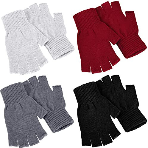 Nuanchu 4 Paar Winter Halbfinger Handschuhe Strick Fingerlose Fäustlinge für Herren Damen (Schwarz, Rot, Weiß, Dunkelgrau)