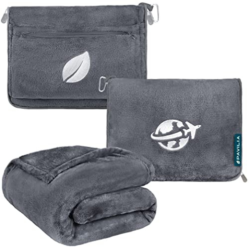 PAVILIA Coperta da viaggio e cuscino, coperta per aereo, per adulti, compatta, con foro per il braccio, borsa 2 in 1 per volo, auto, campeggio, adatta per bagagli, zaino, regalo da viaggiatore, grigio