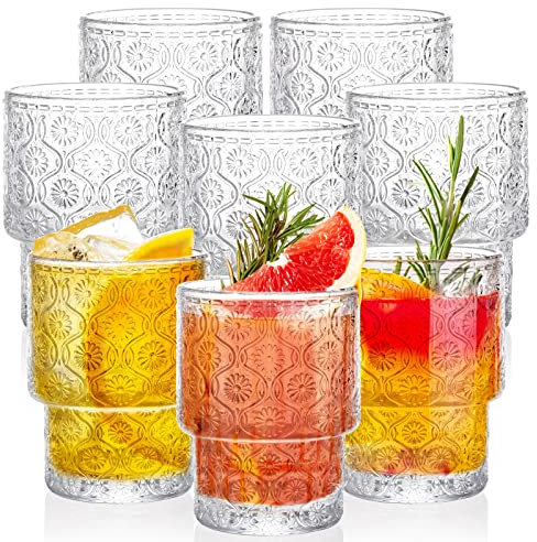 AVLA 8 Pack Vintage Drinking Glassware, 7 oz Romantic Water Juice Glass Tumbler Cup, Clear Stackable Coffee Cocktail Bar Drinkware for Beverages, Tea, Milk, Yogurt, Whiskey, Embossed Floral Pattern