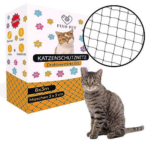 FinoPet Katzennetz für Balkon Drahtverstärkt 8x3 Meter inklusive Befestigungsmaterial Katzenschutznetz Katzengitter Schutznetz Sicherheitsnetz Balkonnetz für Katzen Katzennetz ohne Bohren