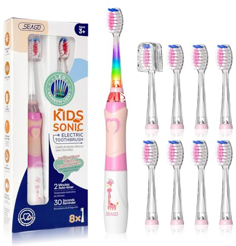 SEAGO Kids Electric Toothbrush with 2 Mins Brushing Timer and 8 Replacement Brush Heads,Rainbow LED Light Makes Brushing Fun, Battery Powered Toothbrush for Boys & Girls 3-6-8 Years Old,Pink