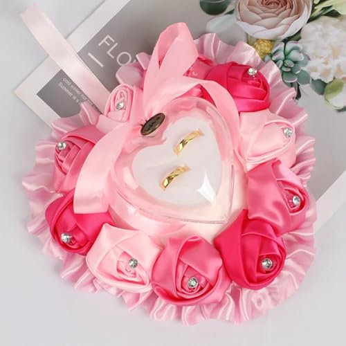 Hochzeit Ringkissen, Vintage Hochzeitsdeko Ehering-Kissen mit Satinband Schleife Ringhalter in Herzform Hochzeit deko Strass Ring Kissen Ringbox Kissen für Eheringe Verlobung Valentinstag-Rosa