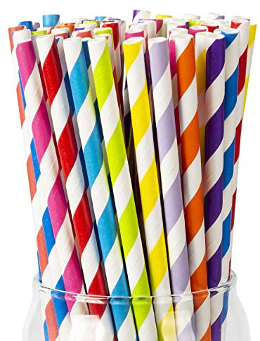 Paktalk 200pcs Pailles de Papier Biodégradables, Paille à rayures colorées pour Mason Jar, pour boissons amusantes, cocktail pour fête, anniversaire, mariage, anniversaire, fête