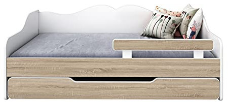 BDW - Barnsäng - Ungdomssäng - Dubbelsäng - med Lamellram, Madrasser, Låda, Fallskydd - Utdragbar - Bäddsoffa, Gästsäng, Hopfällbar - Barnrum - 160x80cm - Sonoma Ek