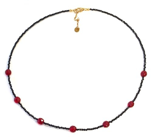 Schwarzes Spinell Collier/Kette tiefschwarz Ø 2 mm, Edler Roter Karibischer Bernstein, vergoldeter 925 Sterling Silber Karabinerverschluss, Länge 43+4 cm