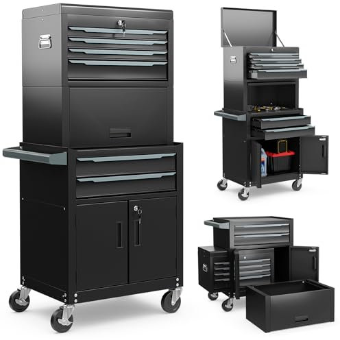 COSTWAY Large Tool Cabinet, Lockable Metal Tool Chest Combo with Detachable Top Cabinet, Wheels, 6 Drawers & Hooks, Heavy-duty Rolling Toolbox Trolley (3-in-1, with Middle Compartment, Black)