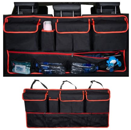 Mandark Car Trunk Organizer, Super Capacity Vehicle Hanging Backseat Cargo Storage Bag with Robust Elastic Net, Detachable Auto Seat Back Organizing Bag, Universal for SUV, Truck, RV（Black/Red）