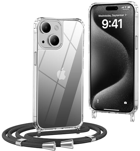 OLEPHY Crossbody Lanyard Case Compatible with iPhone 13 with Strap, Necklace Mobile Phone Cover with Adjustable and Removable Neck Strap, Transparent Shockproof Protective Case, Black