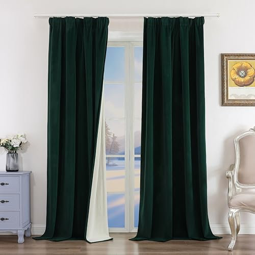 Joydeco 100% Blickdicht Samt Vorhänge mit Kräuselband 2 er Set H 245 x B 132 Dunkelgrün Schienensystem Schiebevorhang Verdunkelung Thermovorhang Kälteschutz Gardinen Schlafzimmer Wohnzimmer Curtains