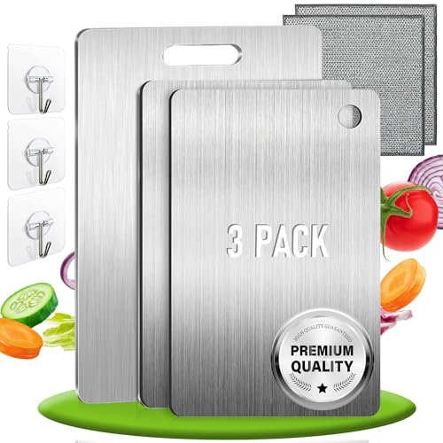 Set di 3 - Tagliere acciaio inox reversibile in lega titanio – Set da cucina professionale SUS316/SUS 304 + ganci e panni – Tagliere in acciaio inox alimentare, antibatterico e resistente (Pack 3 Un)