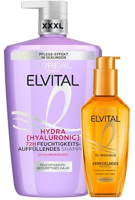 L'Oréal Paris Elvital XXXL Haarpflege-Routine: Öl Magique Haaröl & Hydra Hyaluronic Shampoo, Anti-Frizz & Feuchtigkeitsboost, mit 6 Blütenölen & Hyaluron, für glänzendes, gepflegtes Haar, 2-teilig