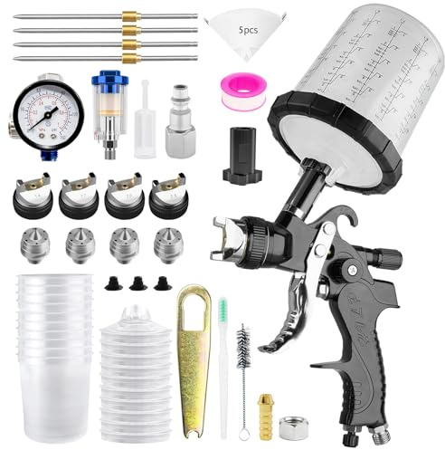 HVLP Spray Gun with 650ml Mixing Cup& 10x Disposable Cups, 1.4/1.7/2.0/2.5mm Nozzles, Automotive Gravity Feed Paint Spray Gun Kit with Air Compressor Regulator for Cars, Furniture, Fence, DIY