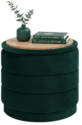 Bonlife Rund ottoman med lock, hopfällbart fotstöd med bord, fotstöd för vardagsrum, sovrum, hall, flaskgrön sammet, 39 x 39 x 37 cm