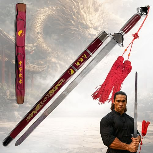 Tai Chi Schwert flexibel 71cm Klinge | Wushu Jian Übungsschwert mit Schnapp-Effekt | Leichtes Kung Fu Schwert aus Stahl mit Holzscheide & Tasche | Für Formen & Show