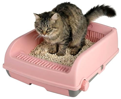 GOPLUS Caja de Arena para Gatos Semi-Automática, Caja Abierta, Casa de Baño para Gatos con Borde Alto Anti-Salpicaduras, Pedal Filtro de Arena, Cajón Deslizante, Pala Incluida (Rosa)