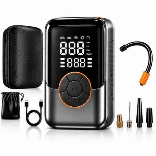 Gonfleur Pneus Voiture Portatif 150PSI/10,3Bar, Sans fil, Compresseur à air, LED/Type-C USB, Batterie Rechargeable, Mini Pompe à air, Arrêt automatique, Étui Rigide, Vélo/Moto, Accessoires