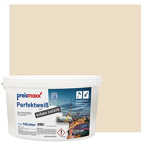 Preismaxx Perfektweiß Wandfarbe beige matt 10L - Innenwandfarbe für kreative Wandgestaltung, Innenfarbe creme, hohe Deckkraft Klasse 2, Trendfarbe creme für Wohnzimmer, bunte Akzentfarbe
