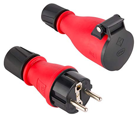 Electraline 92383 Packung mit 1 Gummi-Stecker + 1 Schuko-Steckdose IP54, mit automatischer Federabdeckung für den Freihandbetrieb, Rot/Schwarz