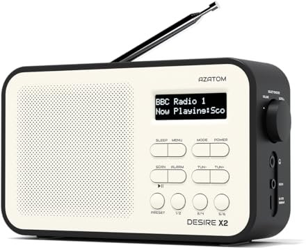 DAB/DAB+ & FM Portable Digital Radio | Simple Controls | Dual Alarms & Sleep Timer | Battery & Mains Powered (4x”AA”) | Bluetooth | Perfect for Home, Office or Outdoors | AZATOM Desire X2 (Black)