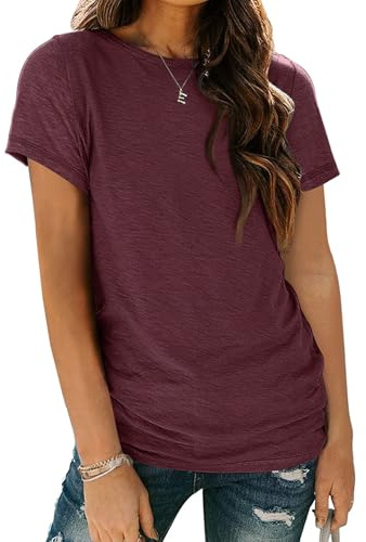 AUTOMET Women's Soft Basic Short Sleeve T-Shirt, Round Neck Tops Summer Casual Tee for Spring Shirts Clothes Everyday Wear 02winered L