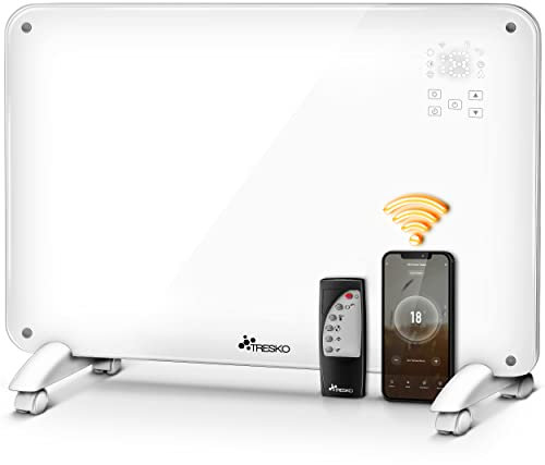 TRESKO Termoconvettore in vetro 2000 W, APP WiFi, riscaldatore elettrico con telecomando, termoconvettore in vetro Touch e display LCD, riscaldamento elettrico a pavimento o a parete (bianco)