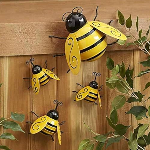 4 decoraciones de abejas metálicas, decoración de pared de metal 3D, decoración de pared de abejas de metal, decoración de jardín, animales de hierro, escultura de pared, césped, interior y exterior