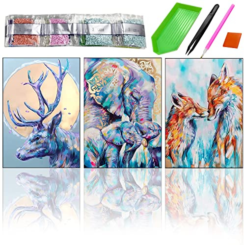 SHUIYUE Kit de Pintura de Diamantes 5D para Adultos - Paquete de 3 Kits de Arte de Diamantes DIY - Zorro, Elefante, Alce, Animal