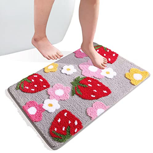 Mislaxy Badematte rutschfeste Fußmatte Badezimmerteppiche Badewanne Duschteppich Erdbeere Beflockter Teppich für Schlafzimmer, Badezimmer, Heimdekoration (Grau, 50x80cm)