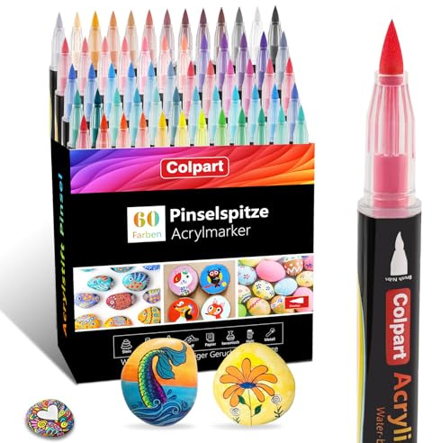 Acrylic Paint Pens for Rocks painting 60-Colours Nail art pens marker Set for Wood Crafts Ceramic Glass Stone Pebble Colouring for Adults Craft Supplies Brush