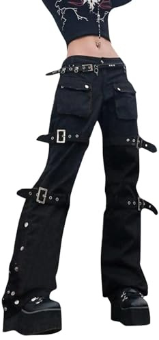 Gothic Punk Style Jeans Negros Mujer Streetwear Metal Hebilla Dobladillo Ranura Pantalones de Golpe para Mujeres Y2K Vintage Pantalones Rectos Golpes-Negro-S