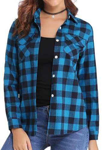 Aottori Womens Plaid Shirt Ladies Long Sleeve Button Down Casual Flannel Checked Shirts Basic Loose Check Blouse Top