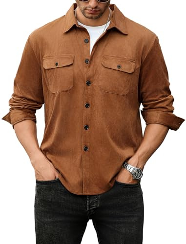 ZAFUL Mens Brown Suede Jacket Long Sleeve Shirt with 2 Flap Pocket Casual Mens Lightweight Shacket Wedding Shirts (Brown L)