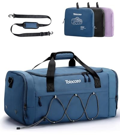 Tolaccea 35L Faltbare Sporttasche & Reisetasche Ultraleicht mit Schuh- und Nassfach für Herren & Damen – Fitness, Gym, Weekender, Fußball, Schwimmen（Blau）