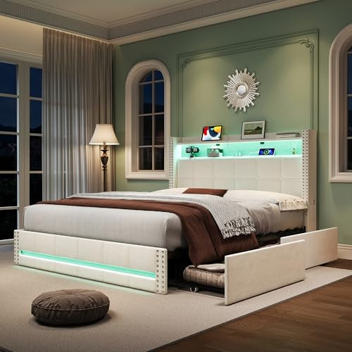4ft6 Double Upholstered Bed Frame with 4 Drawers&LED Lighting, Multifunction Platform Bed with Charging Station&Button Tufted Storage Headboard, Linen, Wooden Slat Support, No Box Spring Needed, Beige
