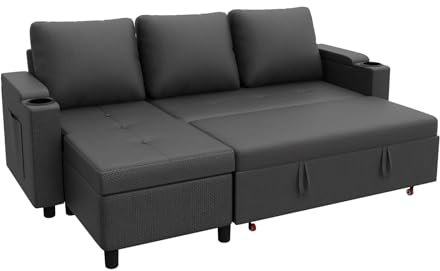 Devoko Sofá Cama Chaise Longue, Sofá de Salón Cheslong de 3 Plazas Convertible en Cama, con Almacenamiento Integrado y Portavasos, Sofá Chaise Longue en Forma de L con Tejido Suave Gris Oscuro