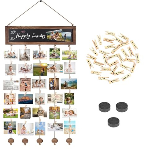 Calenxy Fotovorhang mit 30 Holzklammern Klein, DIY Fotowand Fotogirlande Bilderrahmen Collage Bilderrahmen mit Klammern und Leine, DIY Fotoseil Fotoleine Fotokette Aufhängen von Fotos Dekorationen