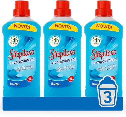 Strepitoso Lavapavimenti Blue Sea, Detergente per Pavimenti, Set di 3 Flaconi da 1L, 24h Pulito