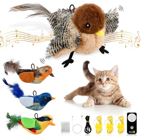 4 Pz Giochi Interattivi Uccellino Che Vola per Gatti, Gioco Uccellino per Gatto Che Si Muove e Vola, Giocattolo Gatto Uccello Che Sbatte con 3 Giochi Uccelli Piccoli, Chirping Flapping Bird Toy Cat