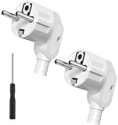 MejaRizon Schuko Stecker, 2 Stücke Winkelstecker 250V/16 A, Stromstecker mit Schraubenzieher, IP20 Netzstecker für 8-10mm Kabel, Langlebig und Bruchfest Schukostecker, Weiß
