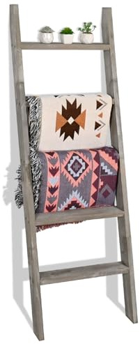 FUIN 5ft (58) Wood Blanket Ladder Living Room Decorative Wall Leaning Farmhouse Quilt Display Holder Shelf Rustic Wooden Towel Rack for Bathroom, Grey