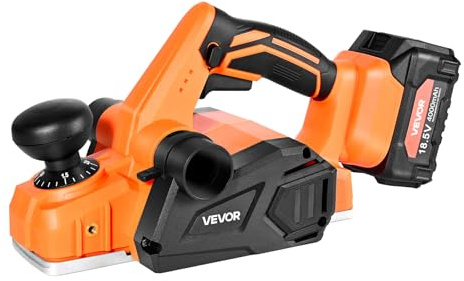VEVOR Cordless Handheld Planer, 3-1/4-Inch Cut Width, 15000 RPM Electric Hand Wood Planer with 4.0 Ah 18V Lithium Battery, Brushless Motor, Adjustable Cut Depth, Dust Collection Bag, for Woodworking