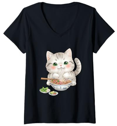 Mujer Pho Cat Lover Palillos Vietnamitas Fideos Comida Asiática Camiseta Cuello V
