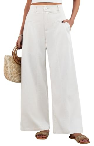 heekpek Pantaloni Lino Donna Estivi Larghi Pantaloni Leggeri Elastico Vita Alta Lunghi Gamba Larga Eleganti Pantalone Bottoni Solido Sciolto Freschi Comodi con Tasche (Bianco, L)