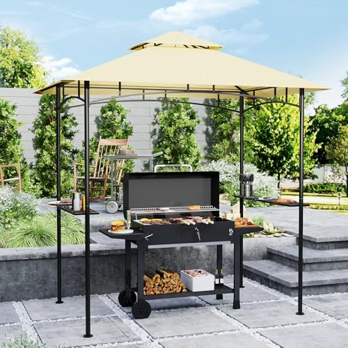 Grillpaviljong med LED 240 x 150 x 258 cm, BBQ paviljong med dubbla lager flamhämmande, trädgårdspaviljong med sidohyllor metallkorg 6 krokar, lusthus UV-skydd vattenavvisande för fest, beige