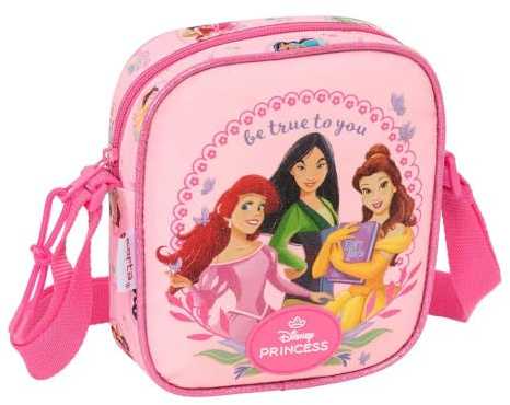 Safta | Bandolera Infantil Disney Princesas, Bolsito Cruzado con Correa Ajustable, Cierre con Cremallera, Diseño Rosa con Ariel, Bella y Mulán, Ligera para Vuelta al Cole y Paseo, Medidas 16x4x18 cm