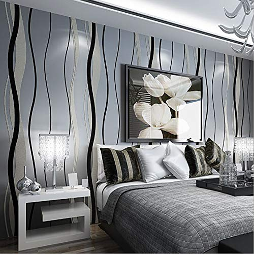 QIHANG High-Grade Non-Woven Flocking Simple Curve Style 3D Striped Wallpaper Roll Black&Gray Color Non-Pasted 1.73'W x 32.8'L
