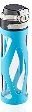 Leifheit Glasflasche Flip 600ml, 100% dichte Sportflasche, praktisches Öffnen mit einer Hand, Trinkflasche mit Filter für Fruchteinsatz, nachhaltige Wasserflasche, BPA frei, stoßfest, blau