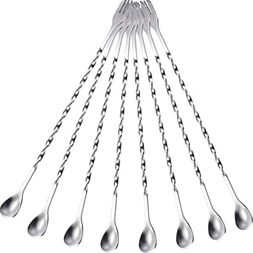Boao 8 Pcs 10 Inch Long Bar Spoon Cocktail Spoon Stirring Mixing Long Stainless Steel Spiral Pattern Cocktail Stirrers Spoons for Bartender and Home Use (Silver)